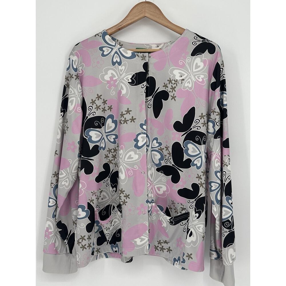 Butterfly Heart Print Scrub Jacket XXL Snap Front Nurse Medical Cardigan Plus